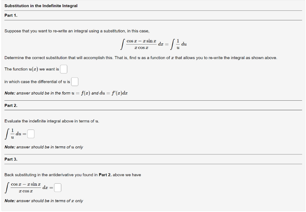 Solved Substitution in the Indefinite Integral Part 1. | Chegg.com