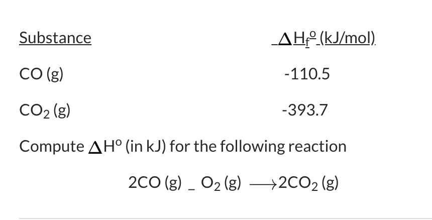 Solved Substance CO (g) CO2 (g) LAH_(kJ/mol). -110.5 -393.7 | Chegg.com