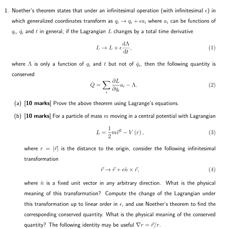 Solved Noether's theorem states that under an infinitesimal | Chegg.com