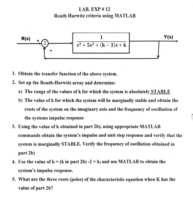 Solved LAB. EXP 12 Routh Hurwitz criteria using MATLAB