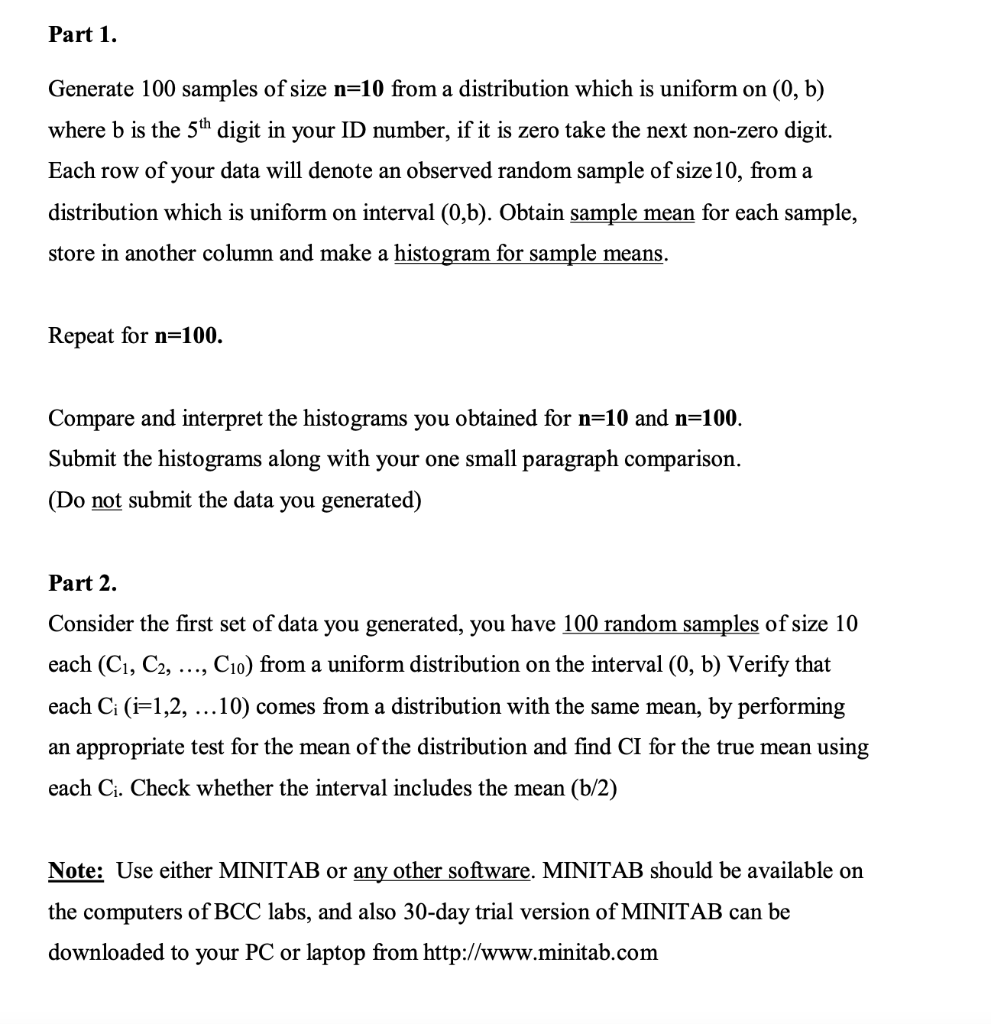 Part 1. Generate 100 samples of size n=10 from a | Chegg.com