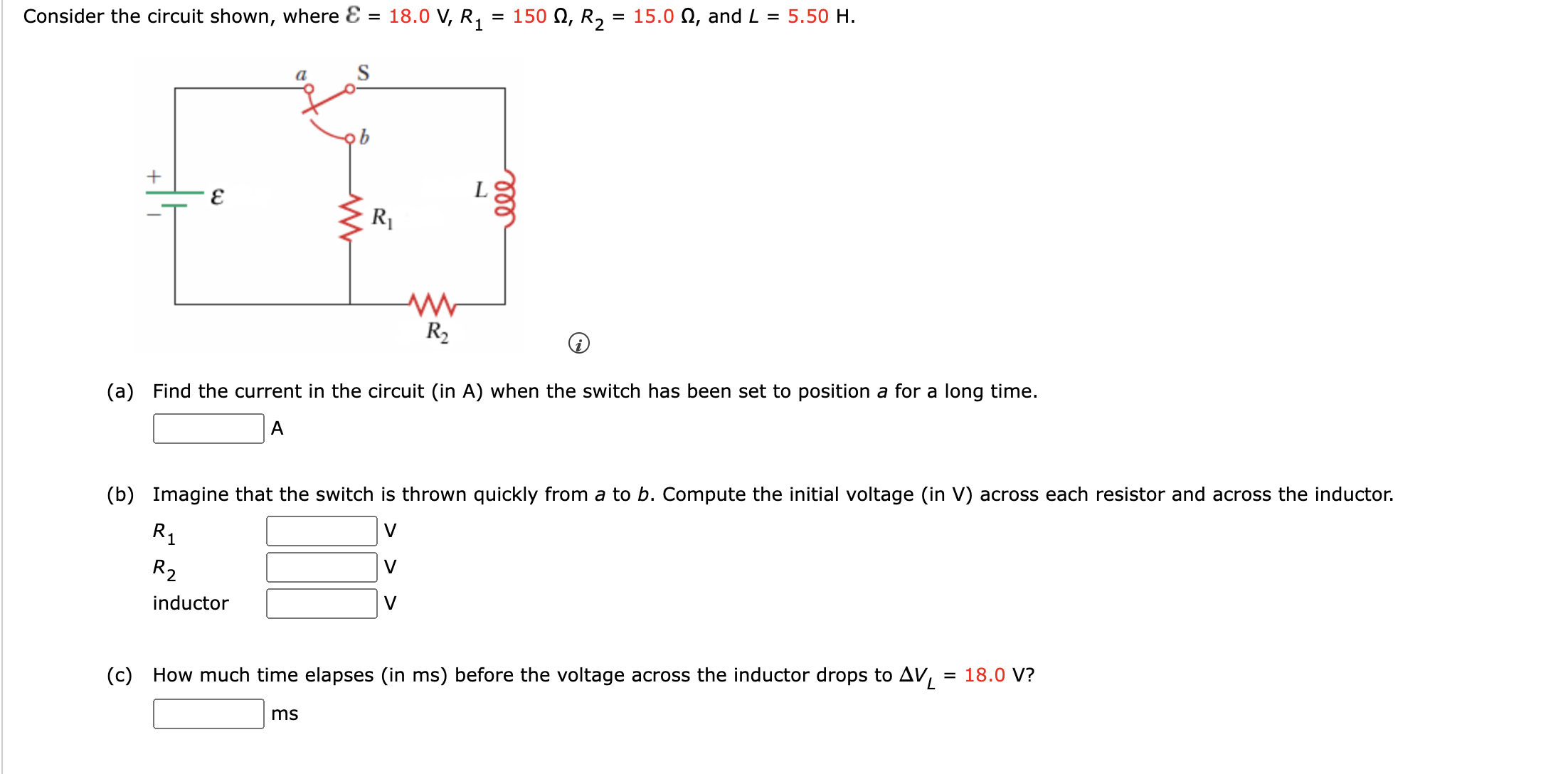 [Solved]: Consider the circuit shown, where =18.0V,R1=150,R