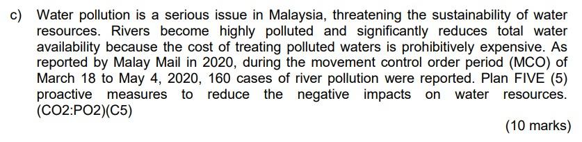 Water pollution is a serious issue in Malaysia, threatening the sustainability of water resources. Rivers become highly pollu