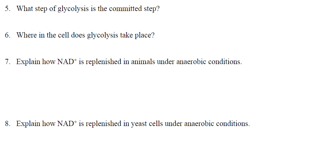 5. What step of glycolysis is the committed step?
6. Where in the cell does glycolysis take place?
7. Explain how \( \mathrm{