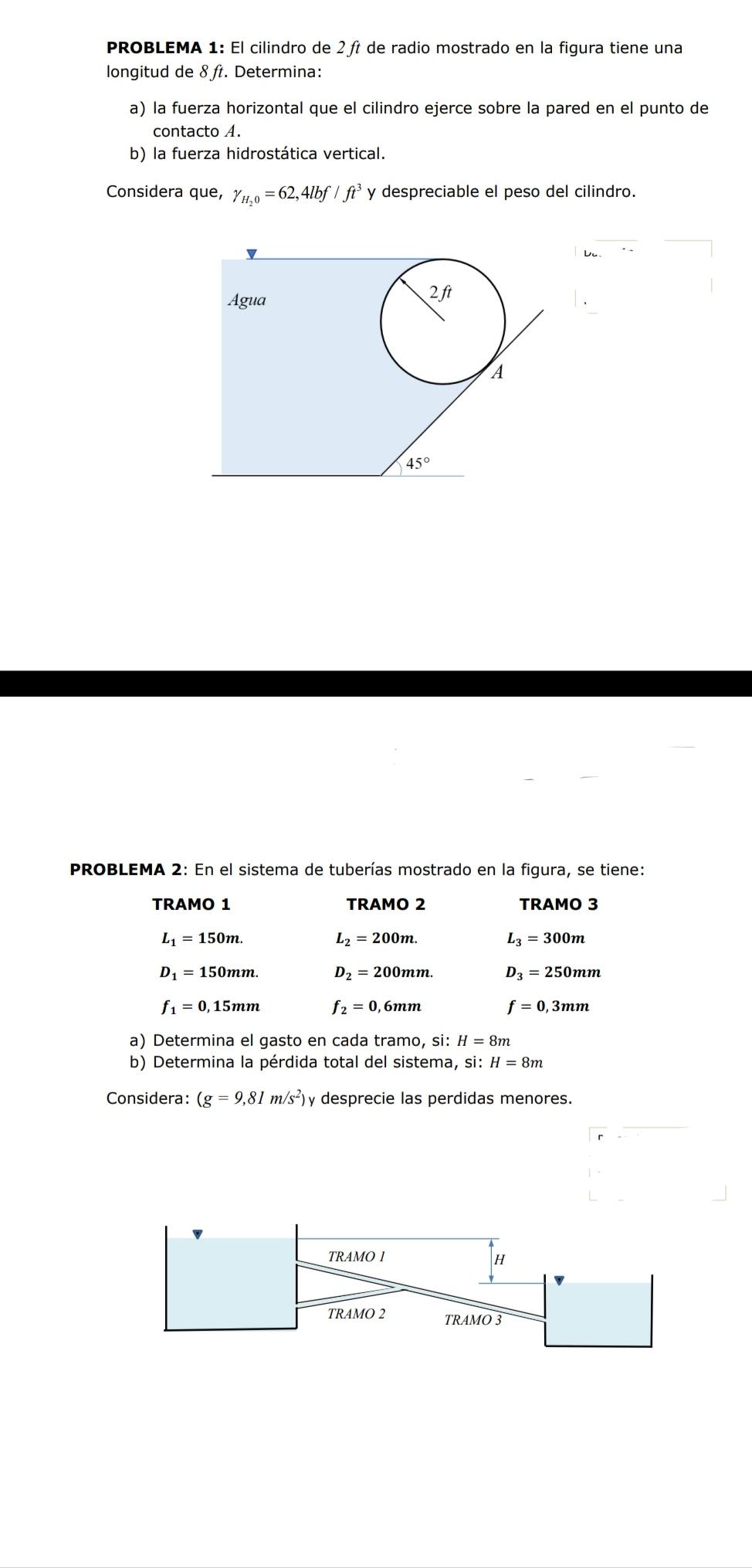 PROBLEMA 1: El cilindro de 2 ft de radio mostrado en la figura tiene una longitud de 8 ft. Determina: a) la fuerza horizontal