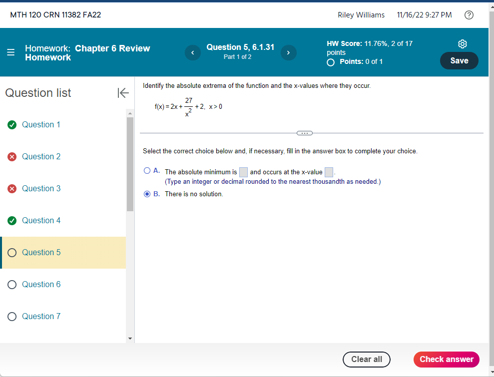 Solved Lestion Lis Question 1 Identify The Absolute Extrema | Chegg.com