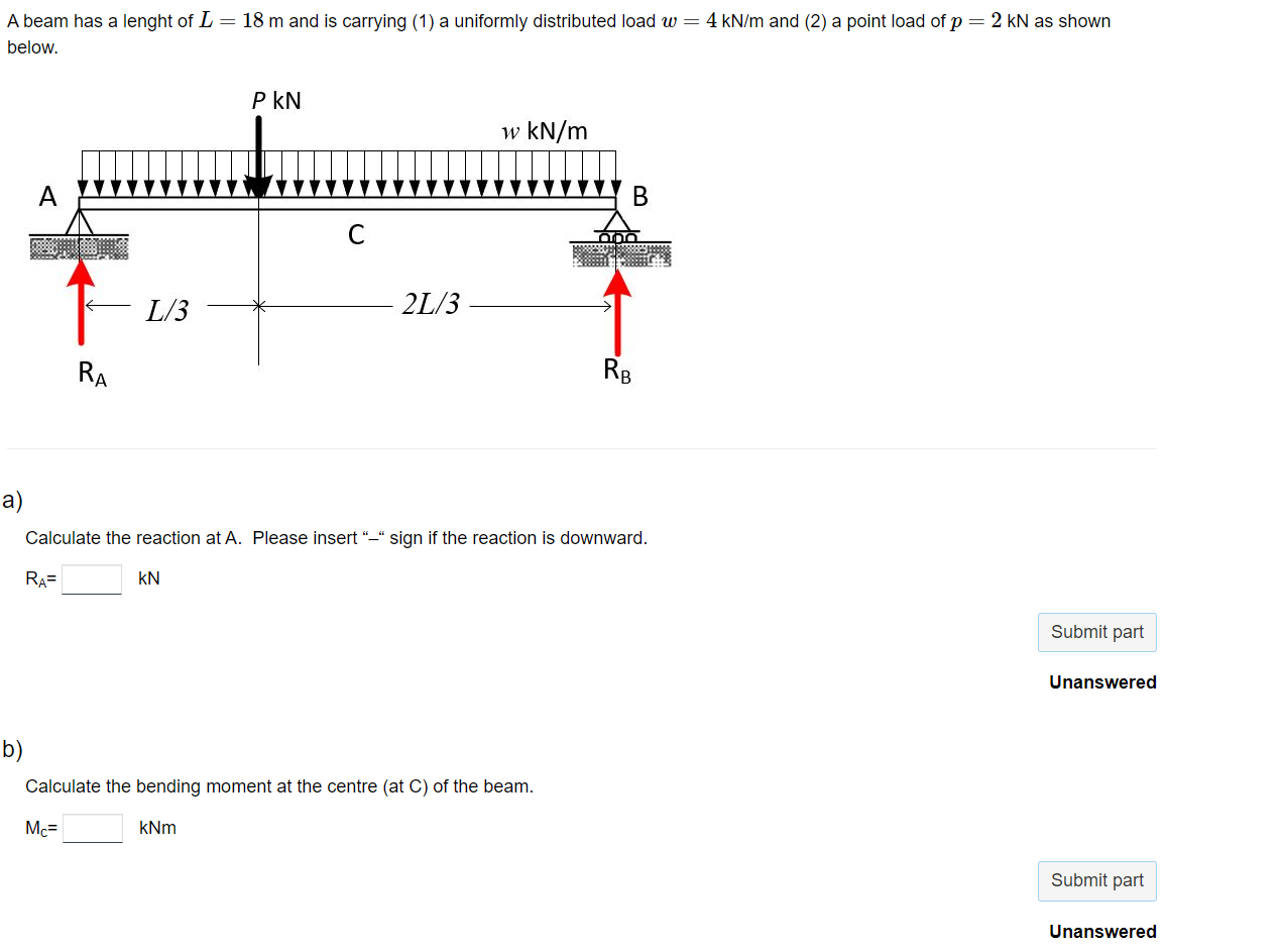 Solved A beam has a lenght of L=18 m and is carrying (1) a