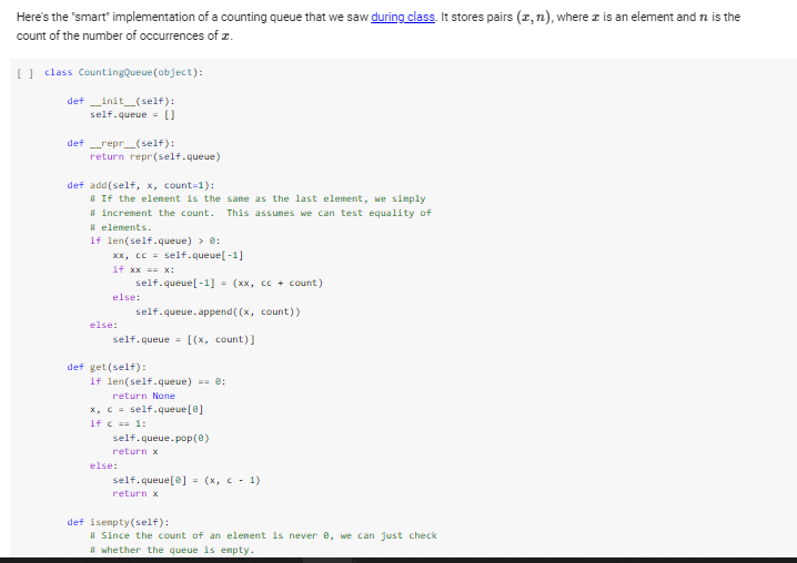 is an element and n is the Heres the smart implementation of a counting queue that we saw during class. It stores pairs (2