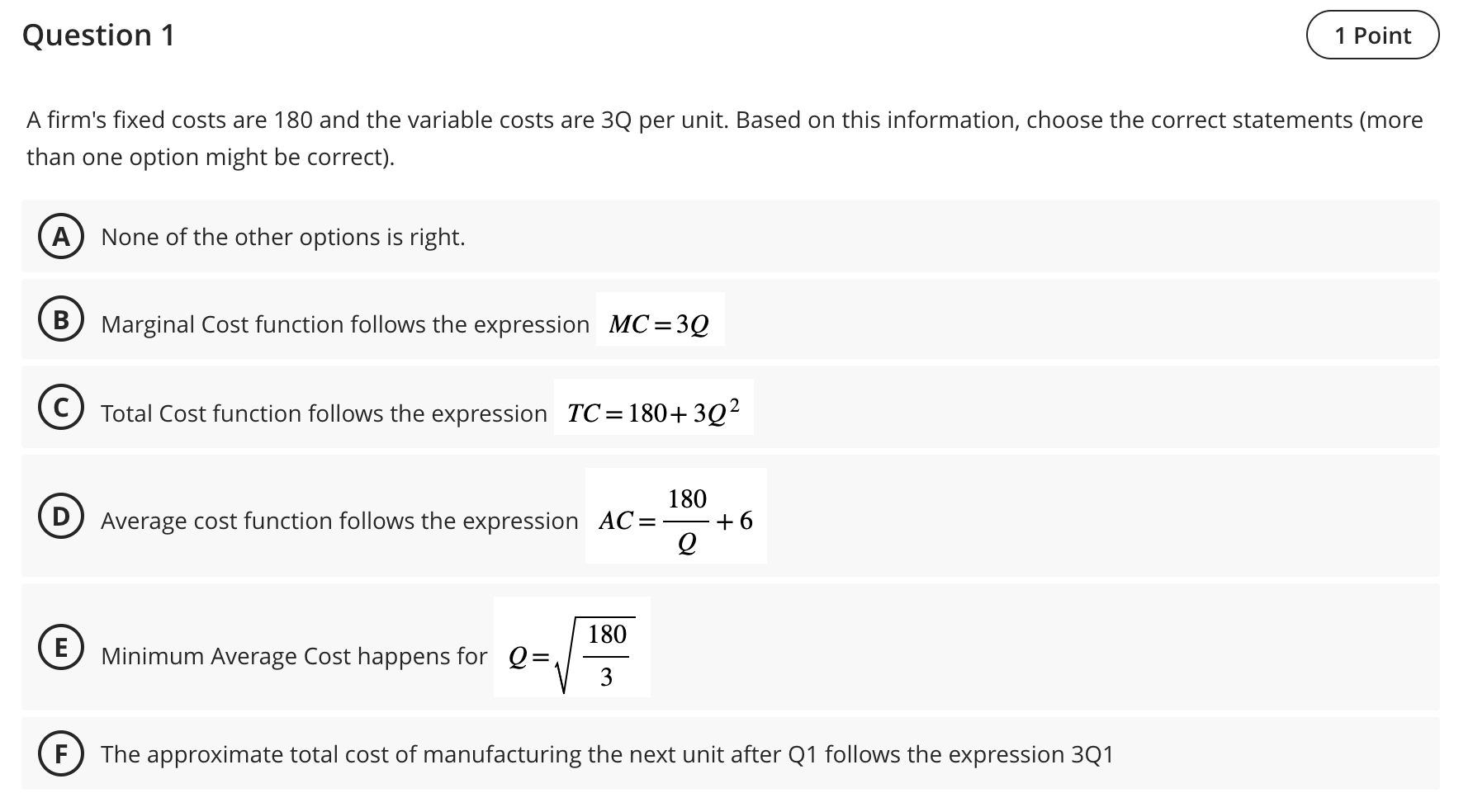 Solved Question 1A firm's fixed costs are 180 ﻿and the | Chegg.com