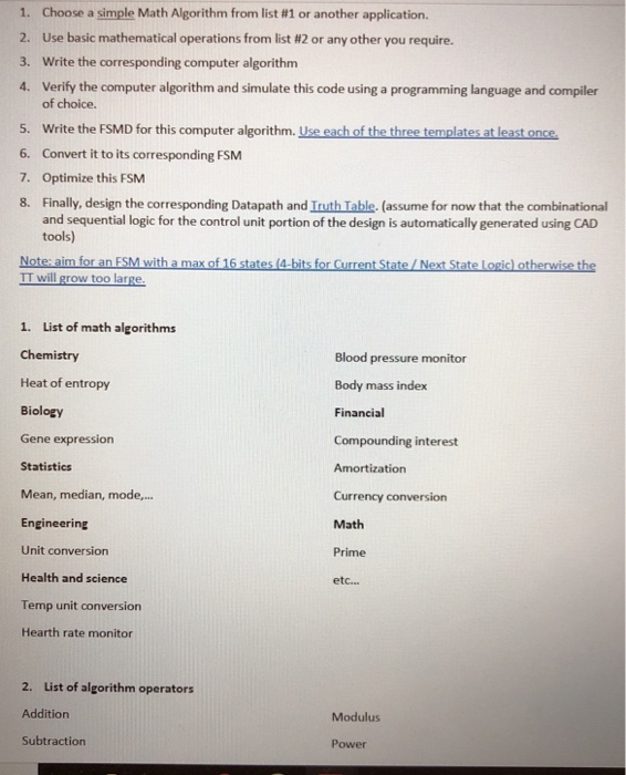 Solved 1, Choose a simple Math Algorithm from list #1 or | Chegg.com