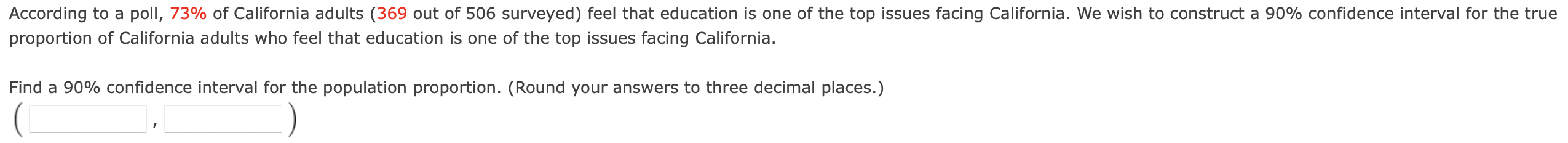 According to a poll, 73% of California adults (369 out of 506 surveyed) feel that education is one of the top issues facing C