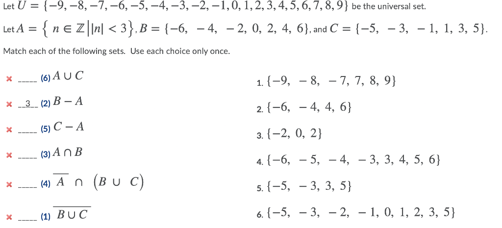 Solved Let U = {-9,-8, -7, -6, -5,-4, -3, -2, | Chegg.com