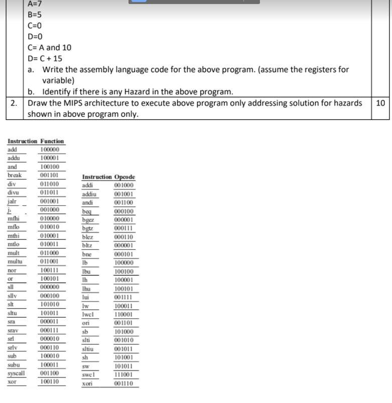 Solved A=7 B=5 C=0 D=0 C= A and 10 DEC + 15 a. Write the | Chegg.com