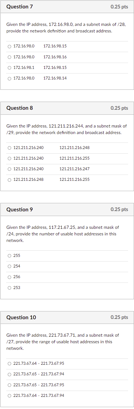 Solved Question 7 0.25 pts Given the IP address, | Chegg.com