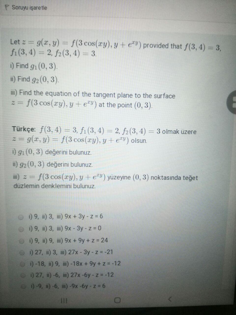 Solved P Soruyu Işaretle Let G X Y F 3 Cos Xy Y