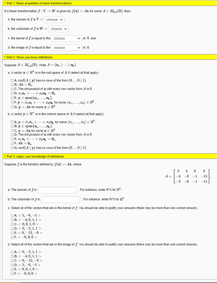 Solved Part 1 Basic Properties Of Linear Transformations Chegg Com