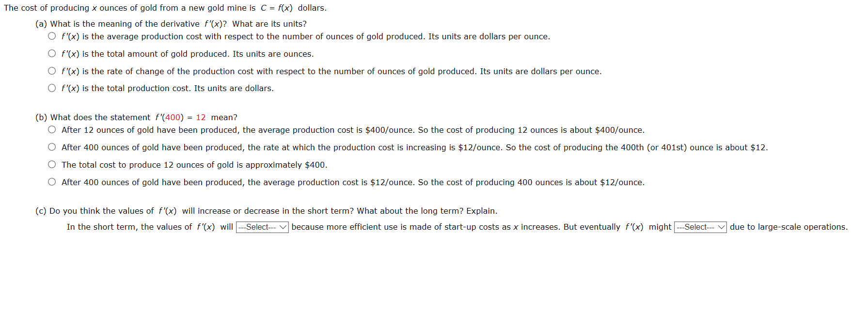 Solved The cost of producing x ounces of gold from a new | Chegg.com
