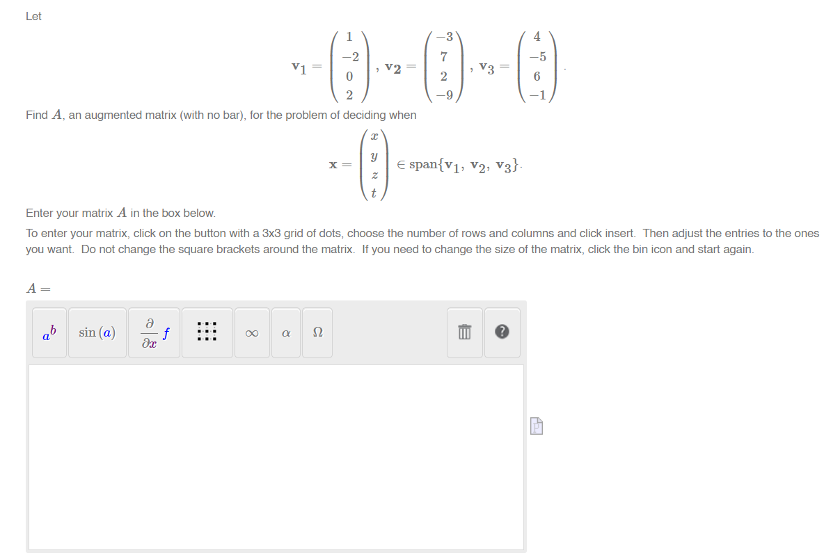 Solved Let 1 -3 4 -5 V1 , V2 , V3 0 6 2 -9 2 - 1 Find A, an | Chegg.com