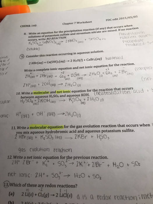 Molecular Complete And Net Ionic Equations Worksheet With Answers Tessshebaylo