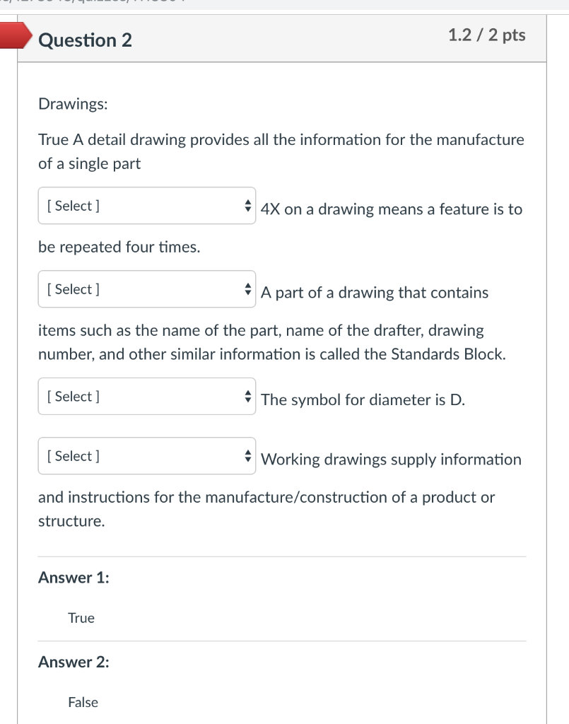 Solved 1.2/2 pts Question 2 Drawings: True A detail drawing | Chegg.com
