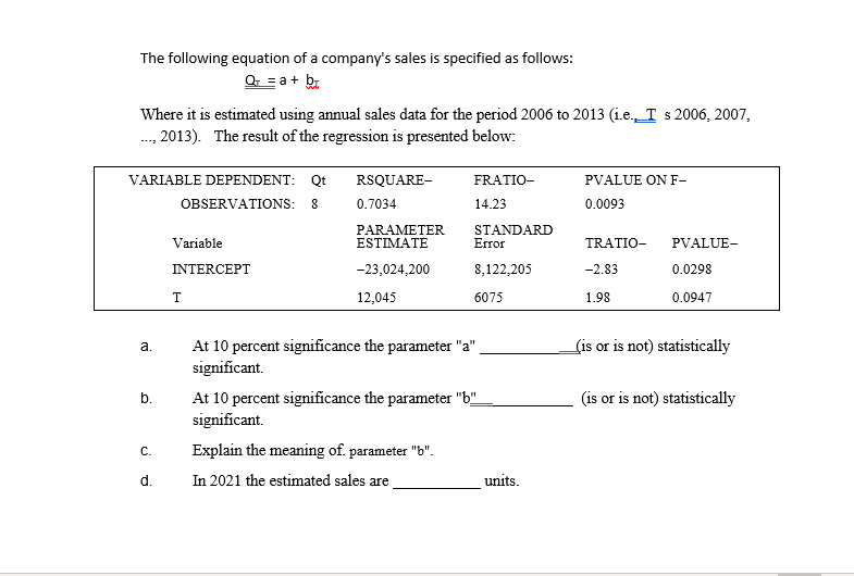 Solved The Following Equation Of A Company's Sales Is | Chegg.com