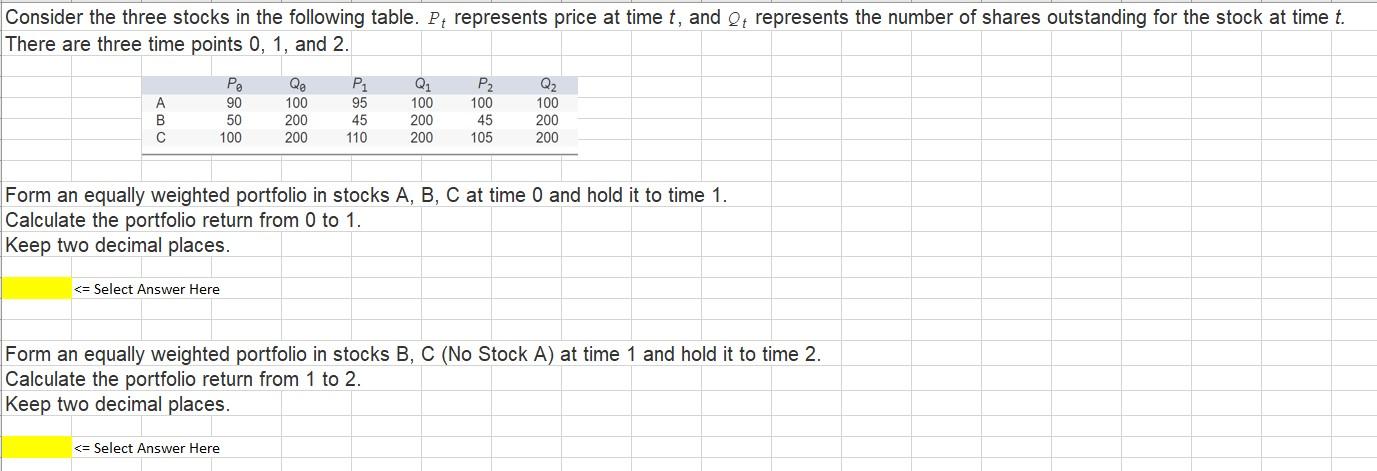 Solved Consider the three stocks in the following table. Pt | Chegg.com