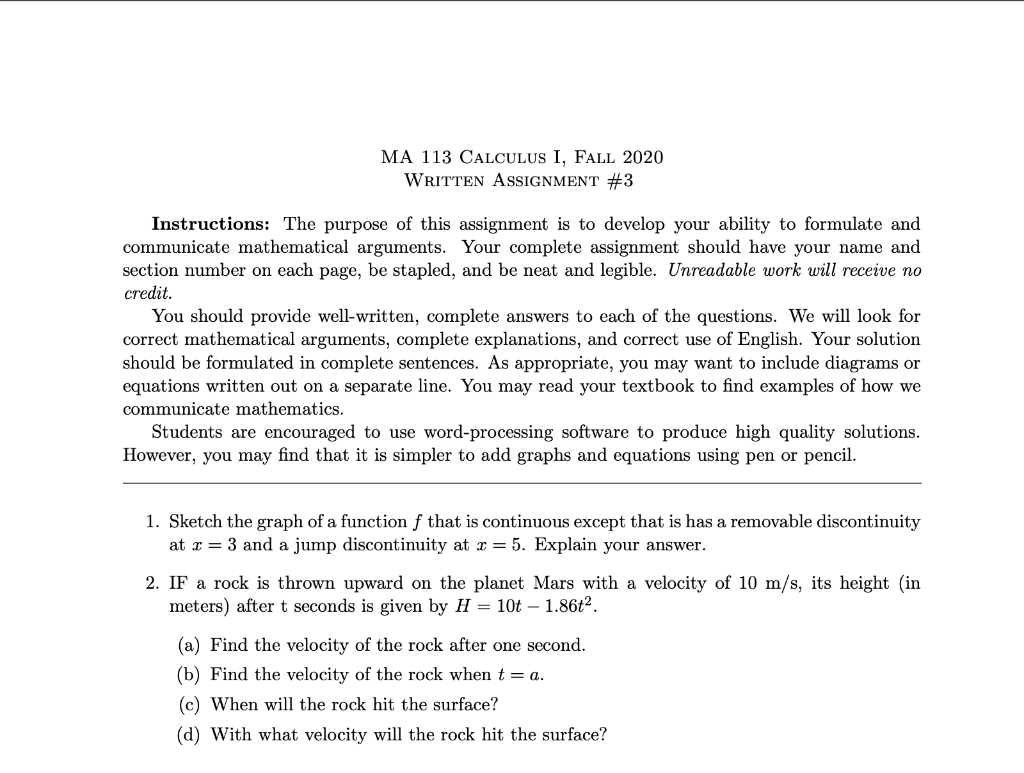 Solved MA 113 CALCULUS I, FALL 2020 WRITTEN ASSIGNMINT #9