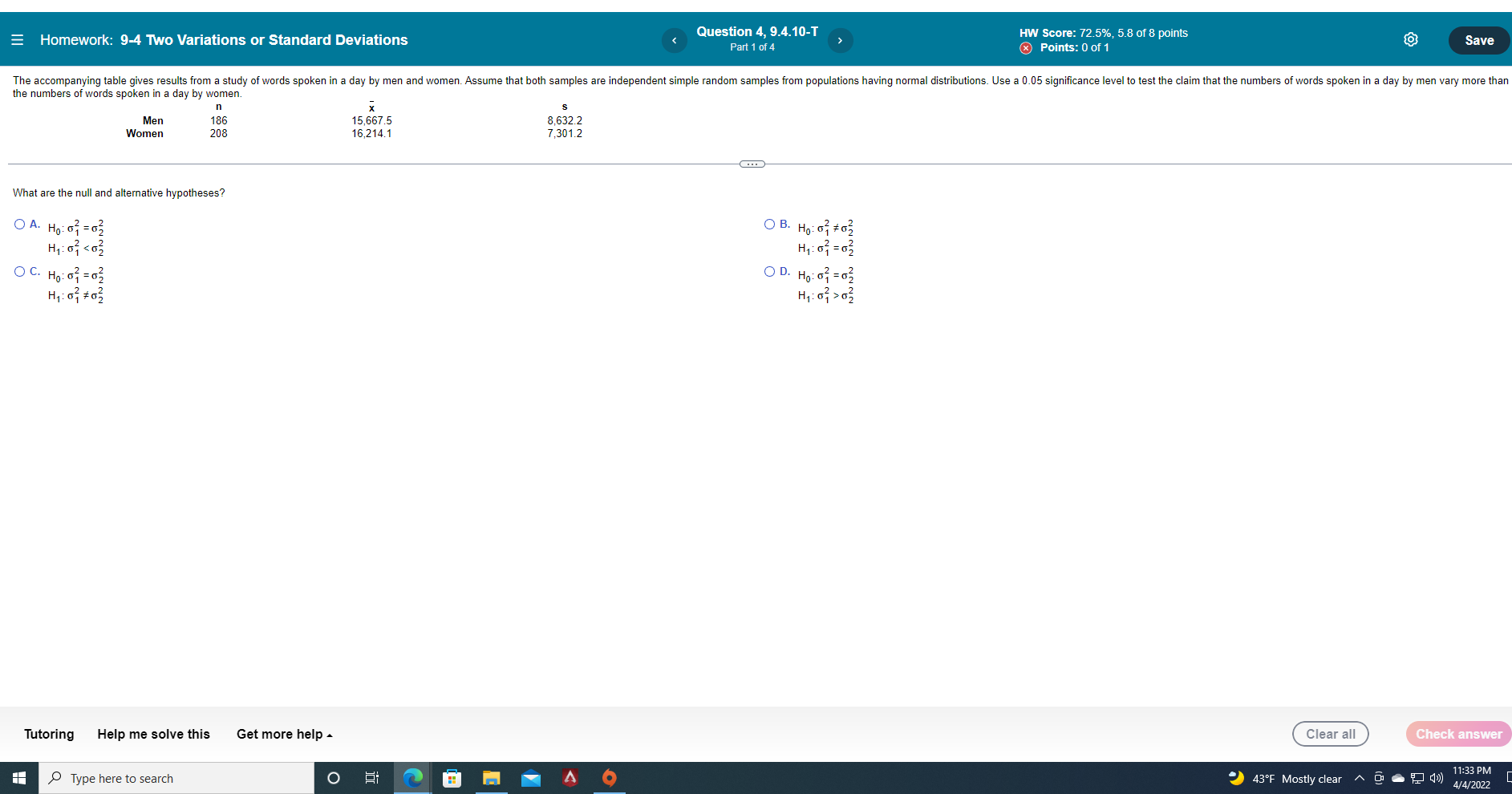 Solved = Homework: 9-4 Two Variations Or Standard Deviations | Chegg.com