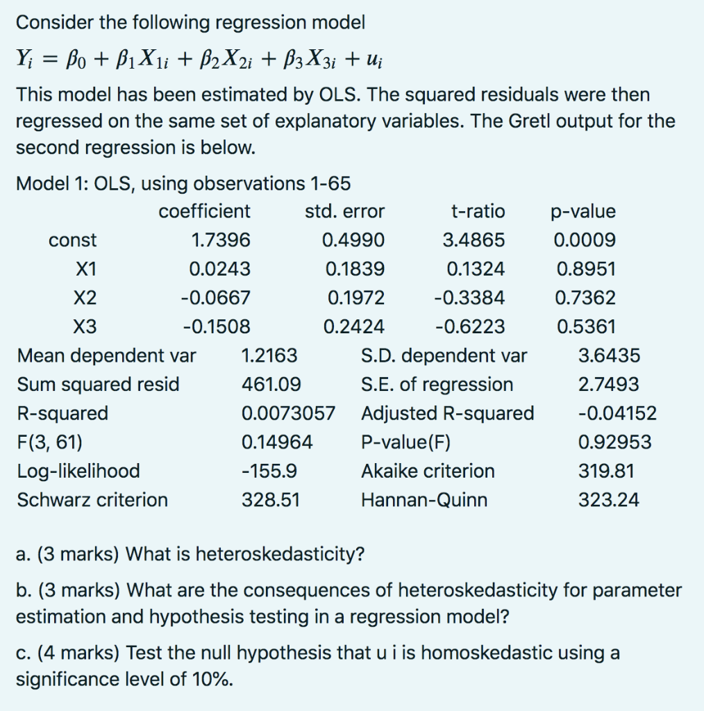 Solved Consider The Following Regression Model Y; = Bo + Bi | Chegg.com