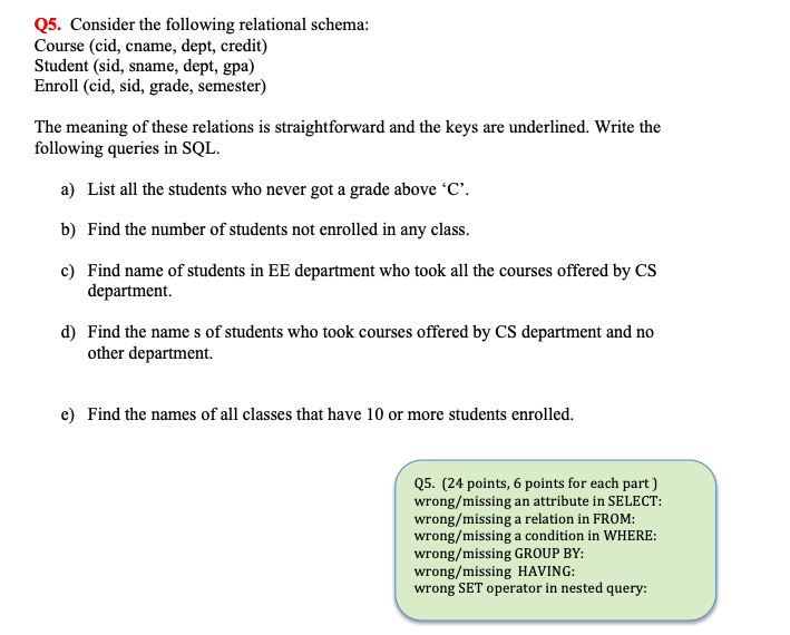 Solved Q5. Consider The Following Relational Schema: Course | Chegg.com