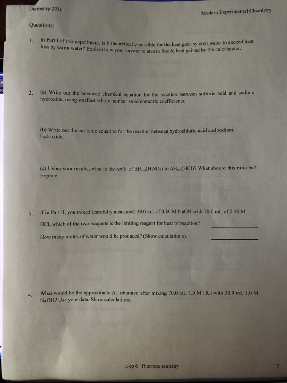 Thermochemistry Heat of Reaction DATA AND REPORT
