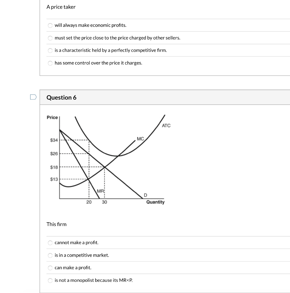 Solved A price taker will always make economic profits. must