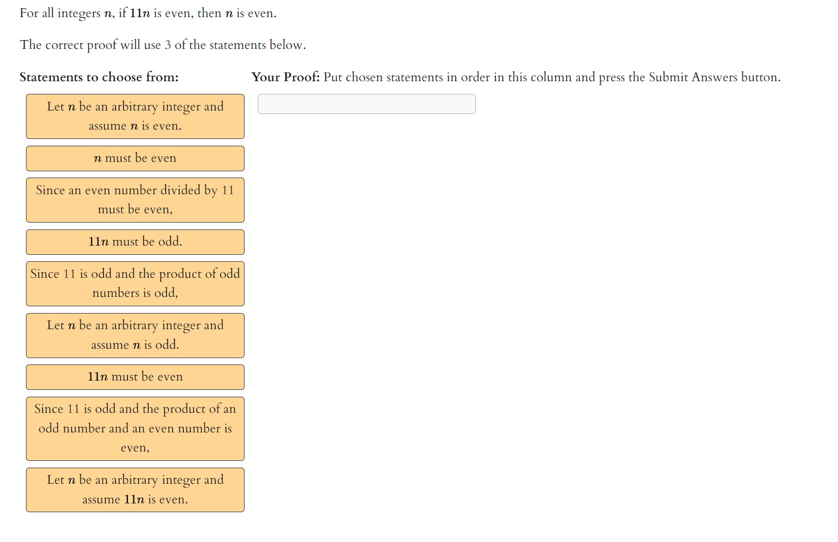 Solved The correct proof will use 3 of the statements below. | Chegg.com