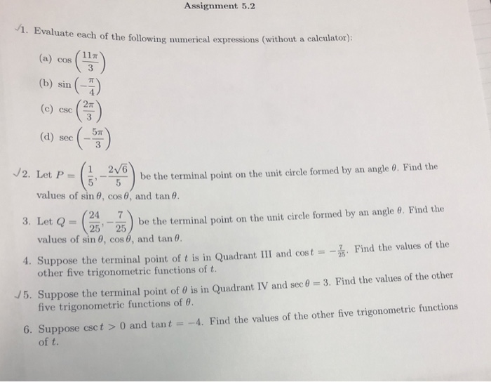 Solved Assignment 5.2 1. Evaluate each of the following | Chegg.com