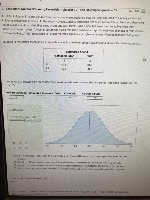 Solved 7. Gravetter/Wallnau/Forzano, Essentials-Chapter 1o - | Chegg.com