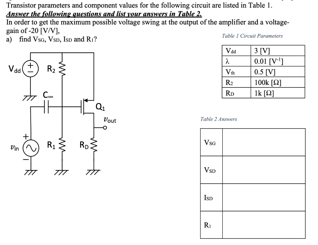 Solved Transistor parameters and component values for the | Chegg.com