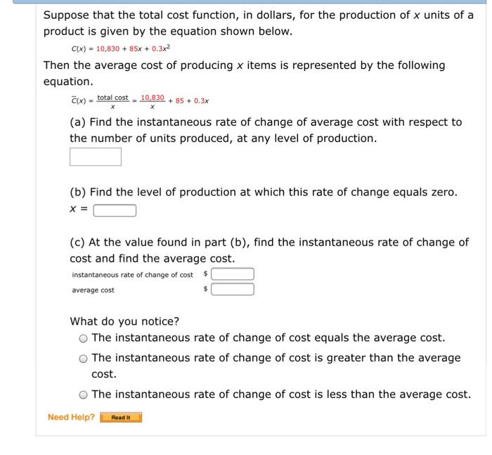 Solved Suppose That The Total Cost Function In Dollars, For | Chegg.com