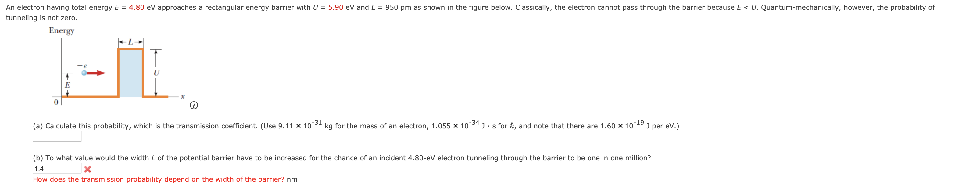 1 How does the transmission probability depend on the width of the barrier? \( \mathrm{nm} \)