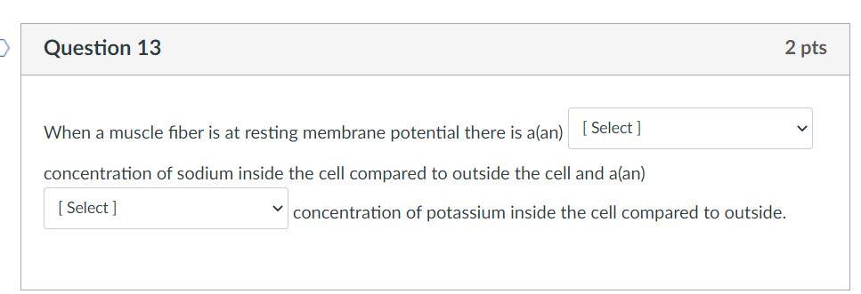 When a muscle fiber is at resting membrane potential there is a(an)
concentration of sodium inside the cell compared to outsi