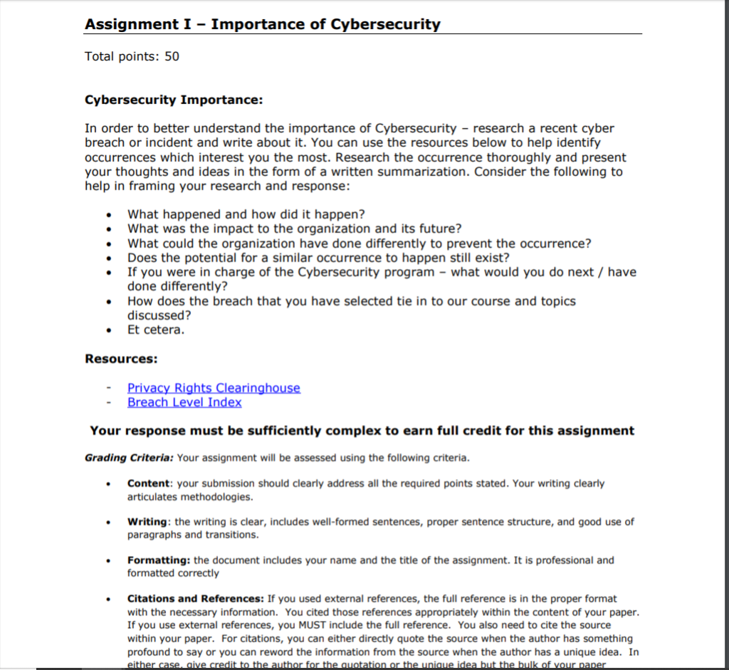 Solved Assignment I - Importance of Cybersecurity Total | Chegg.com