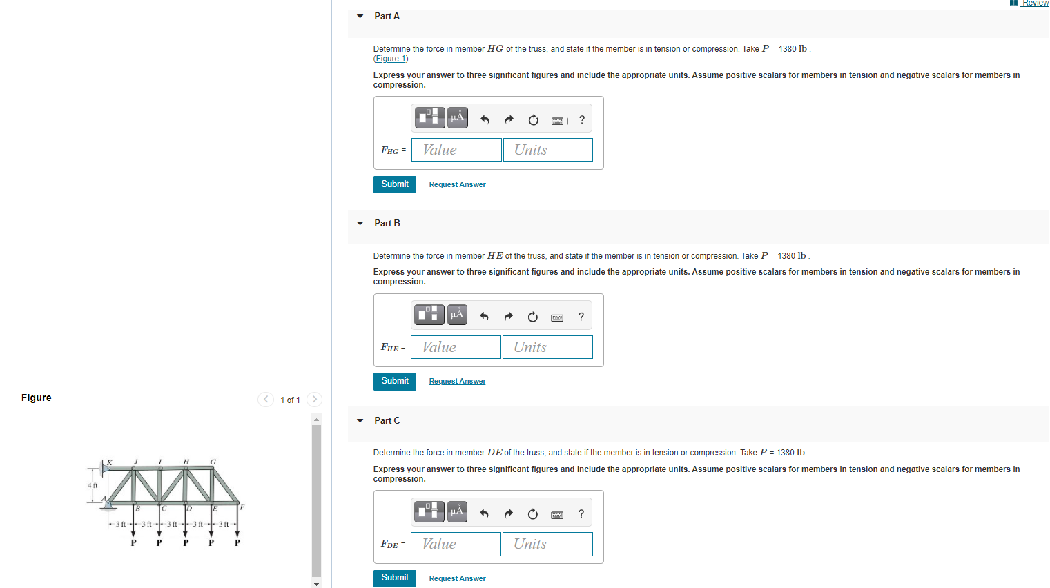 Solved Review Part A Determine the force in member HG of the | Chegg.com