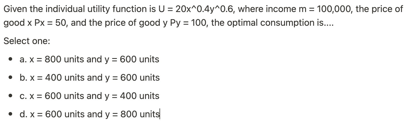 Solved Given the individual utility function is U = | Chegg.com