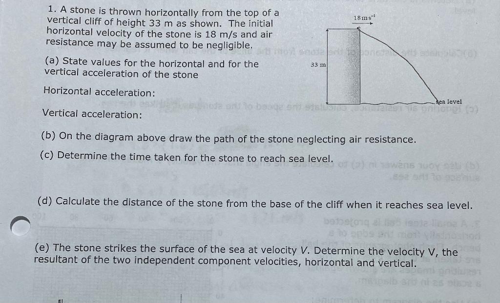 Solved 18 ms 1. A stone is thrown horizontally from the top