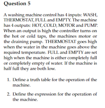 Solved Question 5 A washing machine control has 4 inputs: | Chegg.com