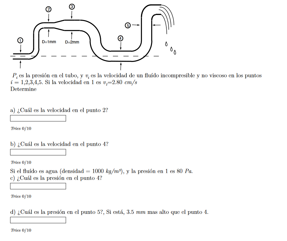 \( P_{i} \) es la presión en el tubo, y \( v_{i} \) es la velocidad de un fluído incompresible y no viscoso en los puntos \(