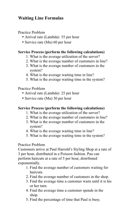 Solved Waiting Line Form ulas Practice Problem Arrival rate | Chegg.com
