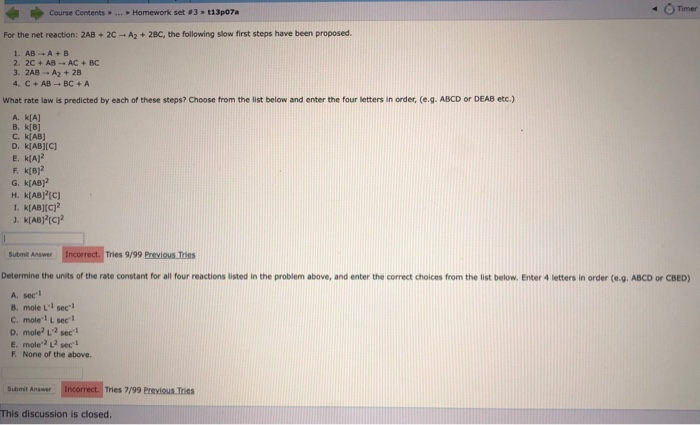 Solved 4 Timer For the net reaction: 2AB+ 2C-A2+28C, the | Chegg.com