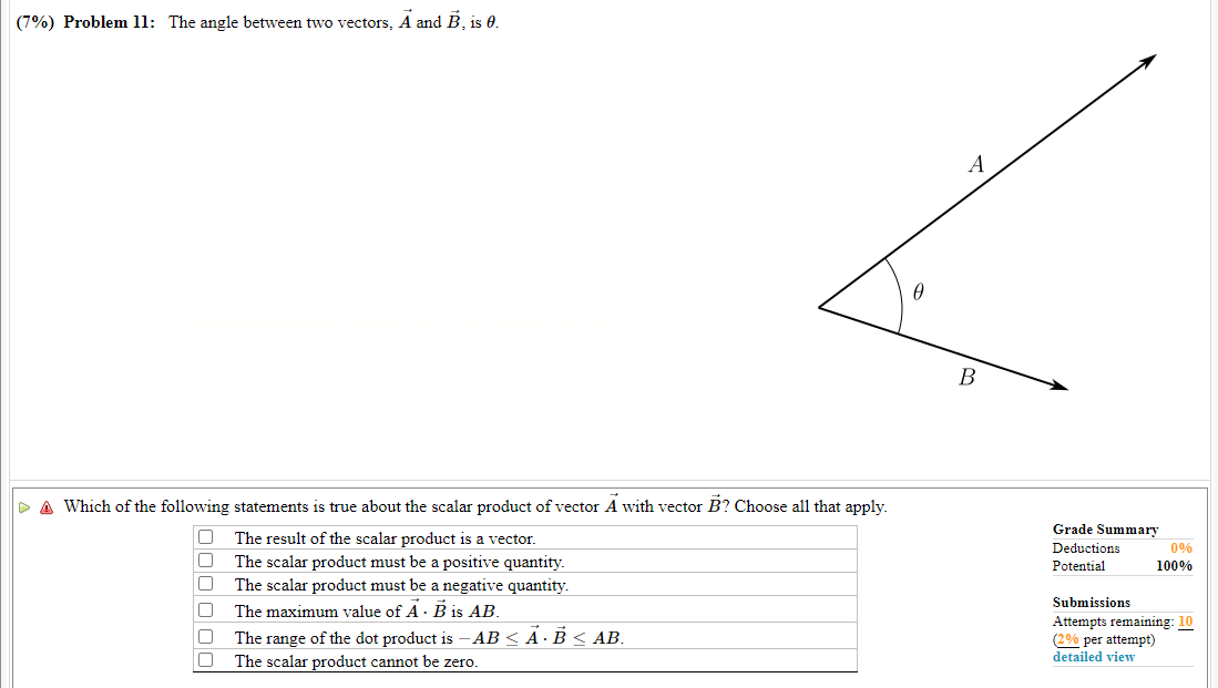 Solved (7\%) Problem 11: The Angle Between Two Vectors, A | Chegg.com