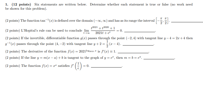 Solved 1. (12 points) Six statements are written below. | Chegg.com