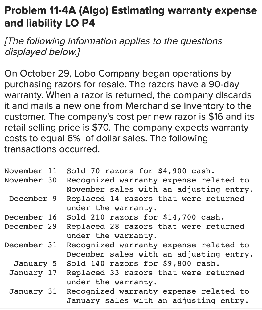 Solved Problem 114A (Algo) Estimating warranty expense and